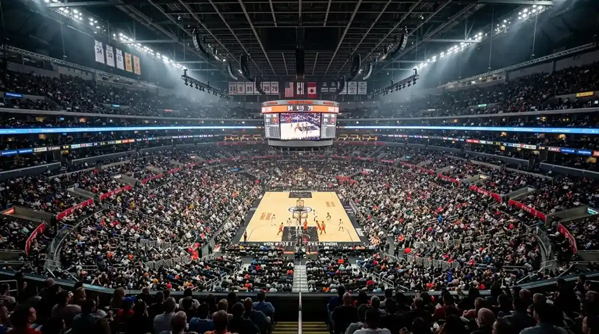 NBA basketball arena interior with scoreboard and crowd during a professional game